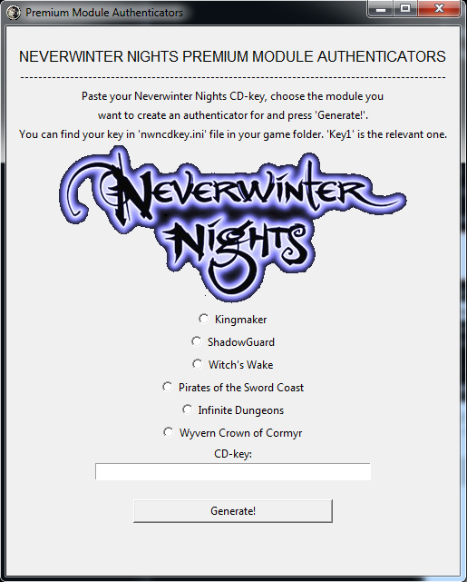 neverwinter nights key code generator